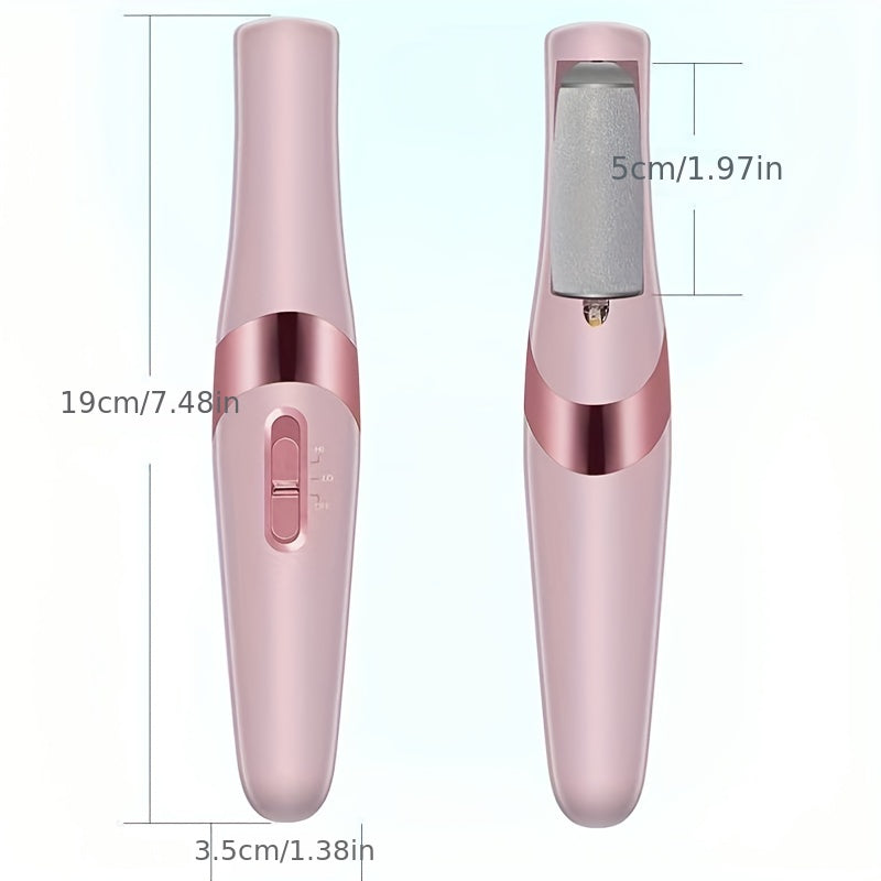 USB rechargeable electric foot pedicure tool in sleek white with golden accents. Features dual roller heads for smooth feet, portable dead skin and callus remover. Includes 500mAh lithium