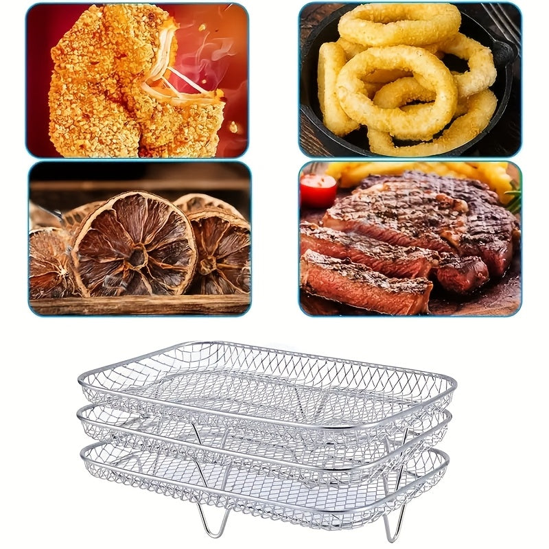 Rectangular 304 Stainless Steel Air Fryer Grill with Vegetable and Fruit Dehydrator Rack, Grilling Net, and 3 Stackable Fryer Accessories. 
Perfect for Grilling, Baking, and Cooking in the Oven. Ideal for Kitchen Baking and Dehydrating.