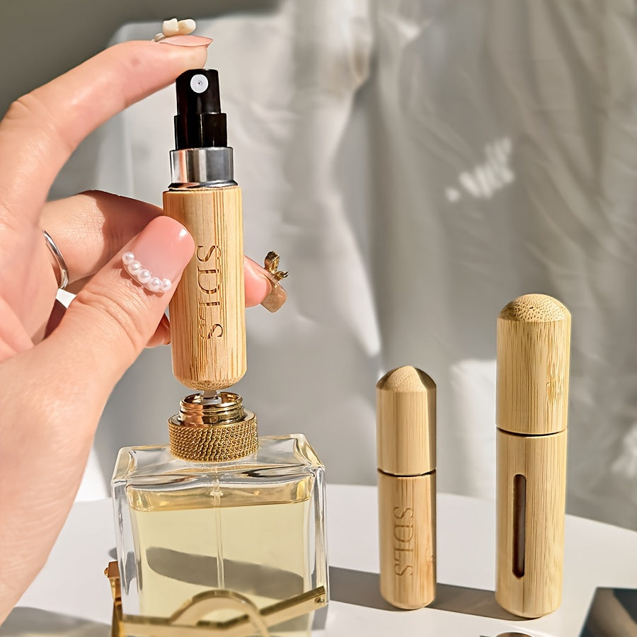 Set of bamboo shell perfume atomizers, refillable spray bottles in 5ml & 8ml sizes. Portable and luxurious fragrance dispensers with visible window, ideal for travel and outdoors.