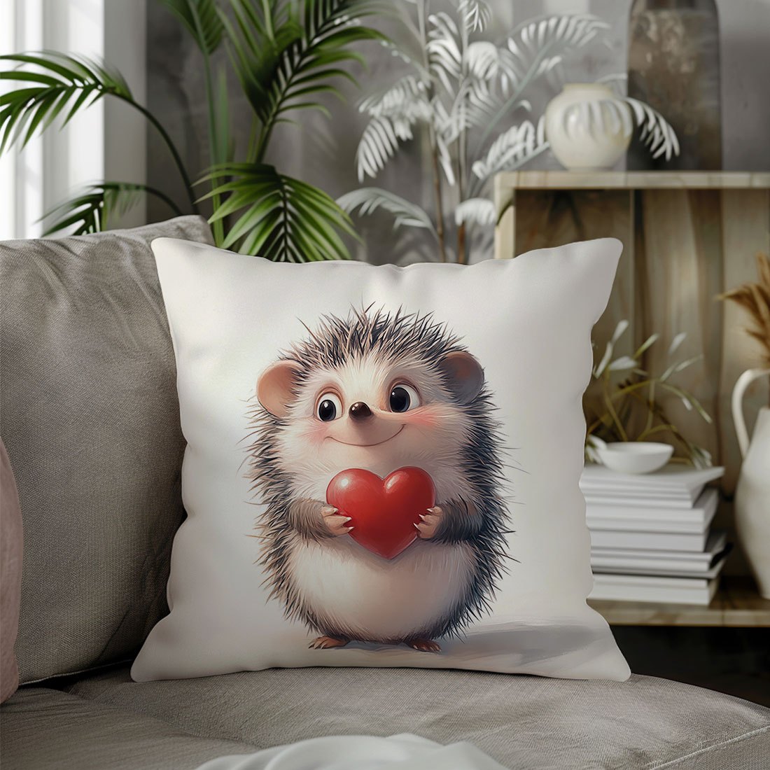 Hedgehog & heart print throw pillow cover, 44.96x44.96cm - Ideal for living room or bedroom decor. Made of machine washable polyester with zip closure. Insert not included.