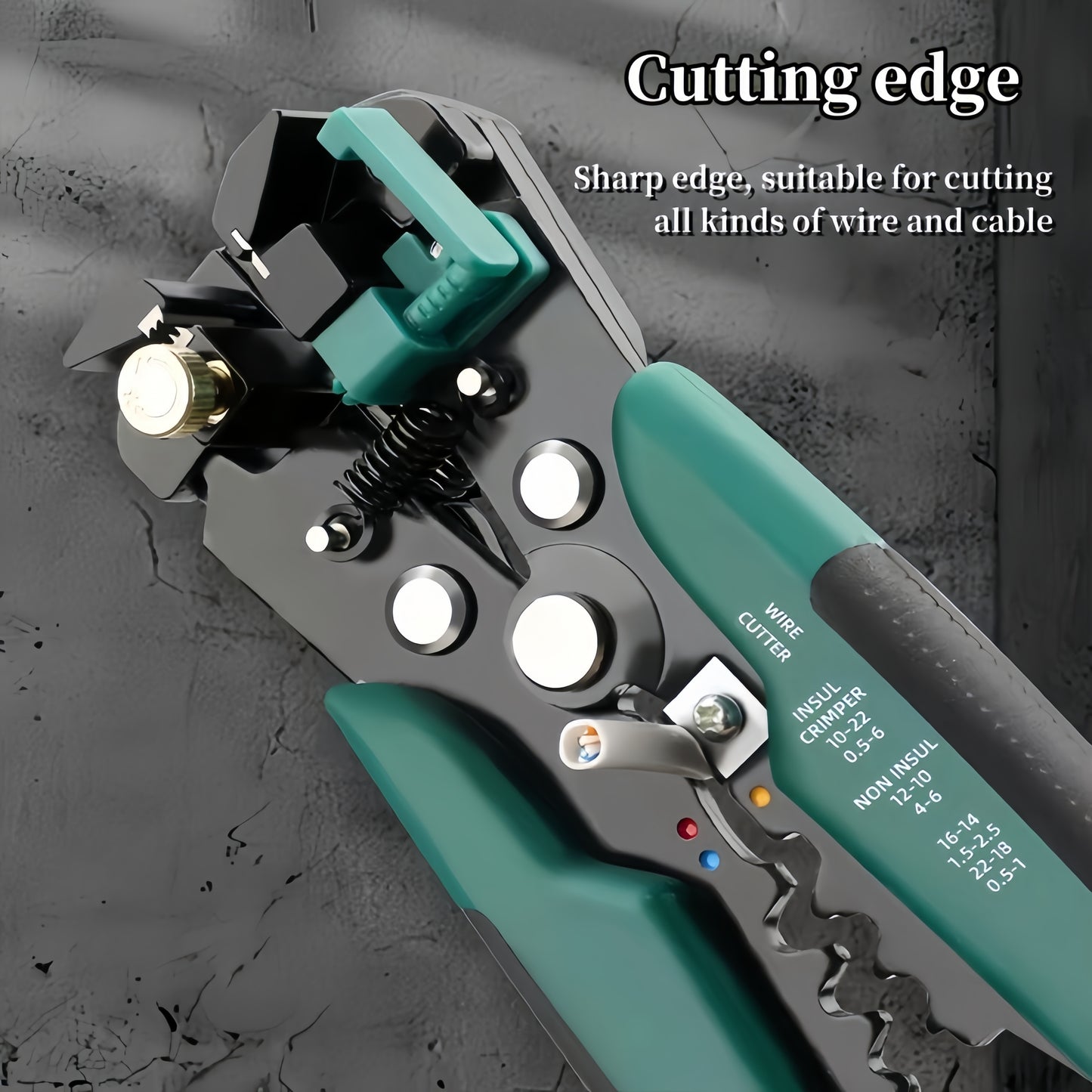 Professional automatic wire stripper and cutter for electricians, with self-adjusting insulation stripping tool and built-in crimper. Durable metal construction.