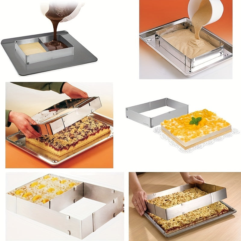 Adjustable, scalable stainless steel rectangular mousse cake mold, suitable for baking birthday cakes, tiramisu, bread, and pastries. Measures 27.94cm to 53.34cm. Perfect for all your baking needs.