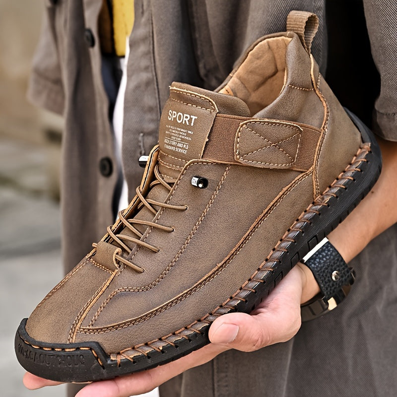 Men's plus size ankle shoes with stitching, hook & loop fastener, and wear-resistant design for outdoor wear