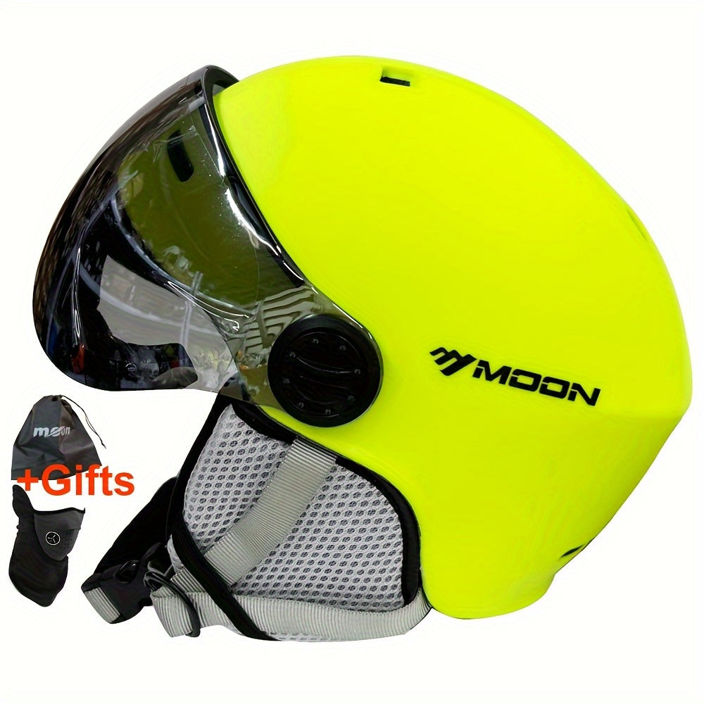 Moon Ski Helmet with Goggles offers all-around protection for outdoor sports like snowboarding and skateboarding. Features include a PC+EPS construction, universal fit, integrated visor