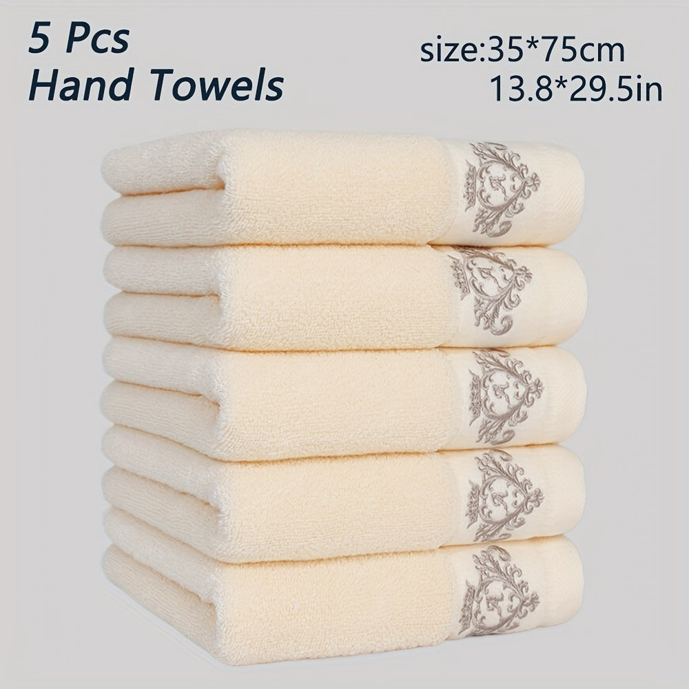 5 soft cotton hand towels with crown embroidery, quick-dry, absorbent, thick (35x75cm) for bathroom, shower, hotel, gym, spa. Available in dark gray, light gray, white, beige, teal blue. Can also be used as bath towels.