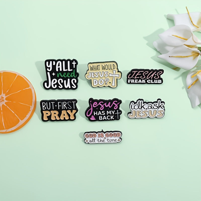 A set of 7 retro and cute enamel pins with inspirational English letter slogans. Perfect for adding a touch of geometric fashion to your clothing.