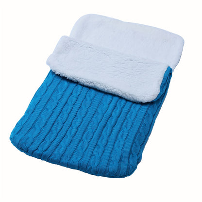 Machine washable baby foot cover with knitted microfiber filling for warmth and comfort.