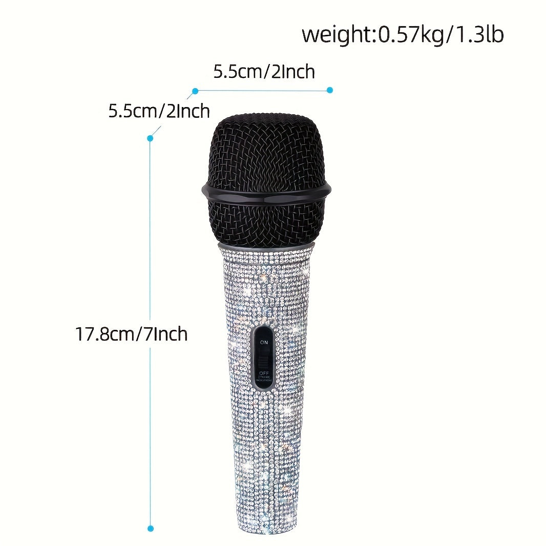 Metal handheld microphone decorated with rhinestones, ideal for singing with a 5.0 meter XLR cable.