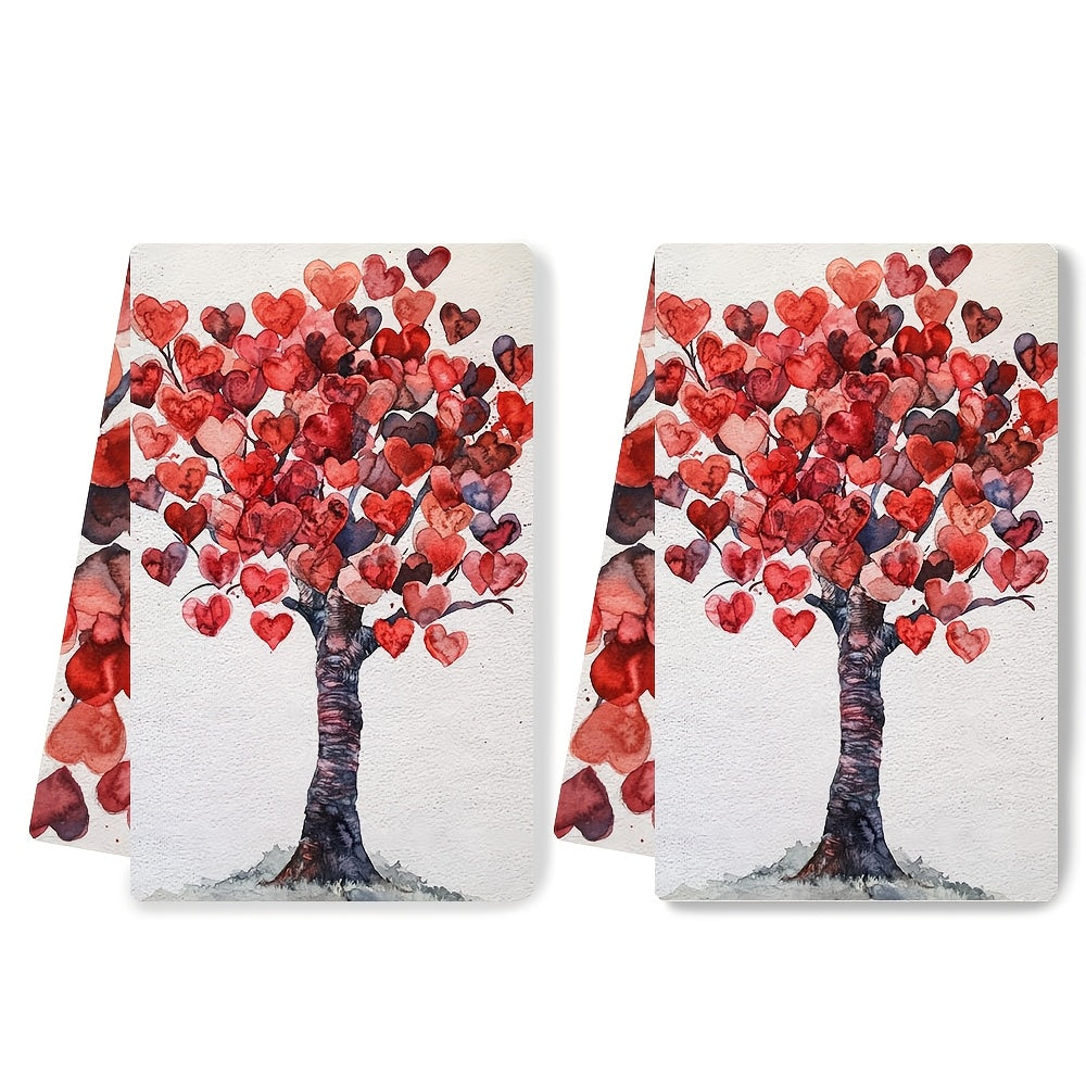 Two pieces of luxurious Valentine's tree kitchen towels that are incredibly soft and highly absorbent. These machine washable dish hand towels feature a romantic heart design, measuring 40.64x60.96 cm. Perfect for holiday decor and drying dishes, these