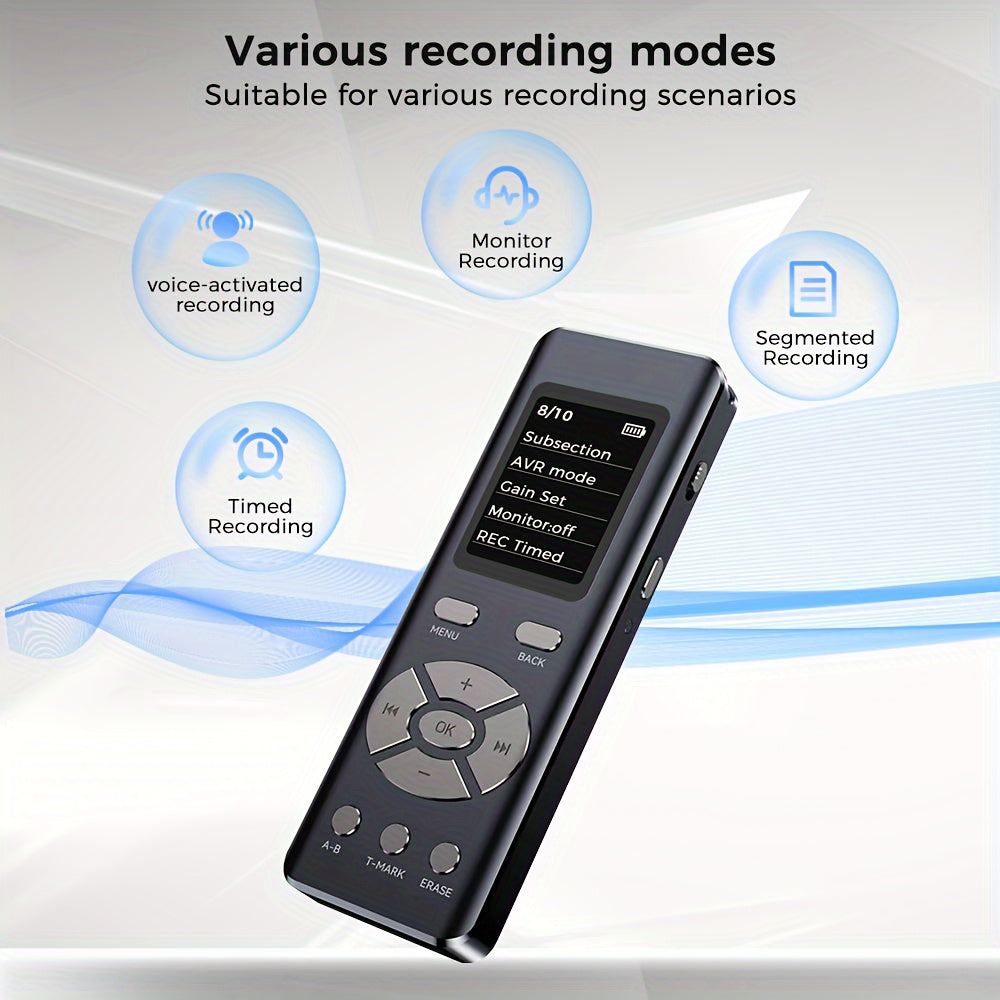 Cappsu 72GB Digital Recorder with Dual Microphone, HD Recording, A-B Repeat, Noise Reduction, Voice Activation, and headphone/microphone compatibility.