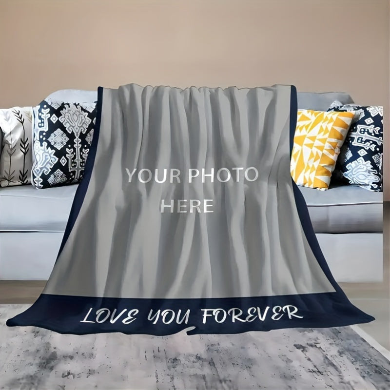 Personalized Throw Blanket with Custom "Love You Forever" Photo - Modern Digital Print, Flannel Weaving, Knitted Craft, All-Season Polyester Fleece, Perfect for Couples Gift, Mother's Day, Father's Day - 1 Piece