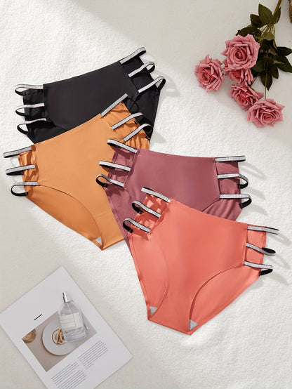 4-Pack Plus Size Women's Hand Triangle Panties in elegant solid color, knit fabric with 89% Polyester and 11% Elastane, medium stretch with lash sets.