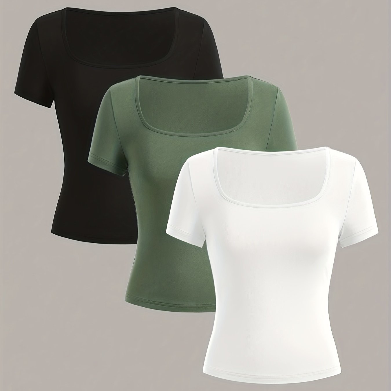 A set of 3 women's square neck short sleeve T-shirts in black, white, and red. Made of breathable polyester, slim fit, casual and sporty design, machine washable.