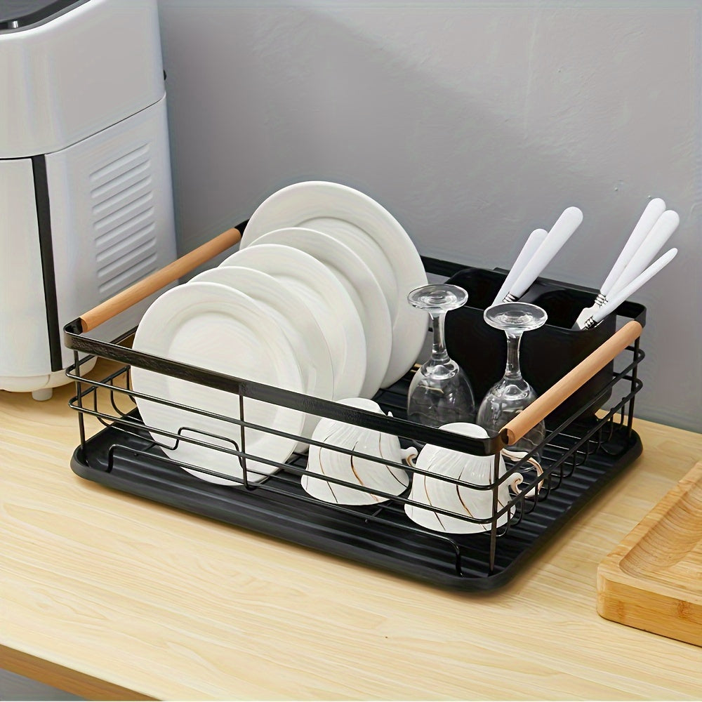 LDQ Single-Tier Dish Rack with Removable Cutlery Holder, Drip Tray, Wooden Handle, White, Large Capacity, Rustproof, Kitchen Counter Organizer