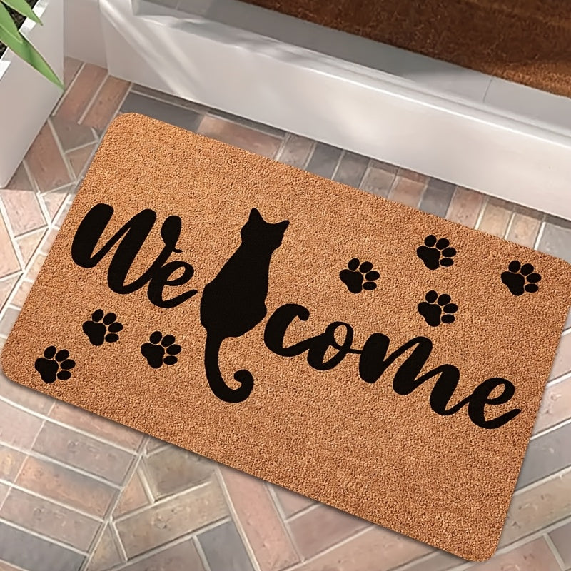 Introducing the Whisker Wonders Cat Welcome Doormat, a durable and stylish addition to your home. Made of stain-resistant polyester material with a charming black cat silhouette, this mat is perfect for both indoor and outdoor use. Easy to clean with a