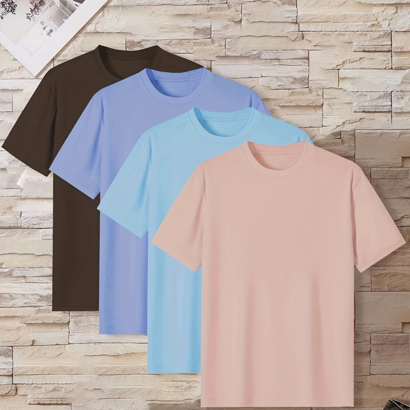 4 men's short sleeve t-shirts in solid colors - casual polyester loungewear, crew neck, machine washable, perfect for summer lounging.