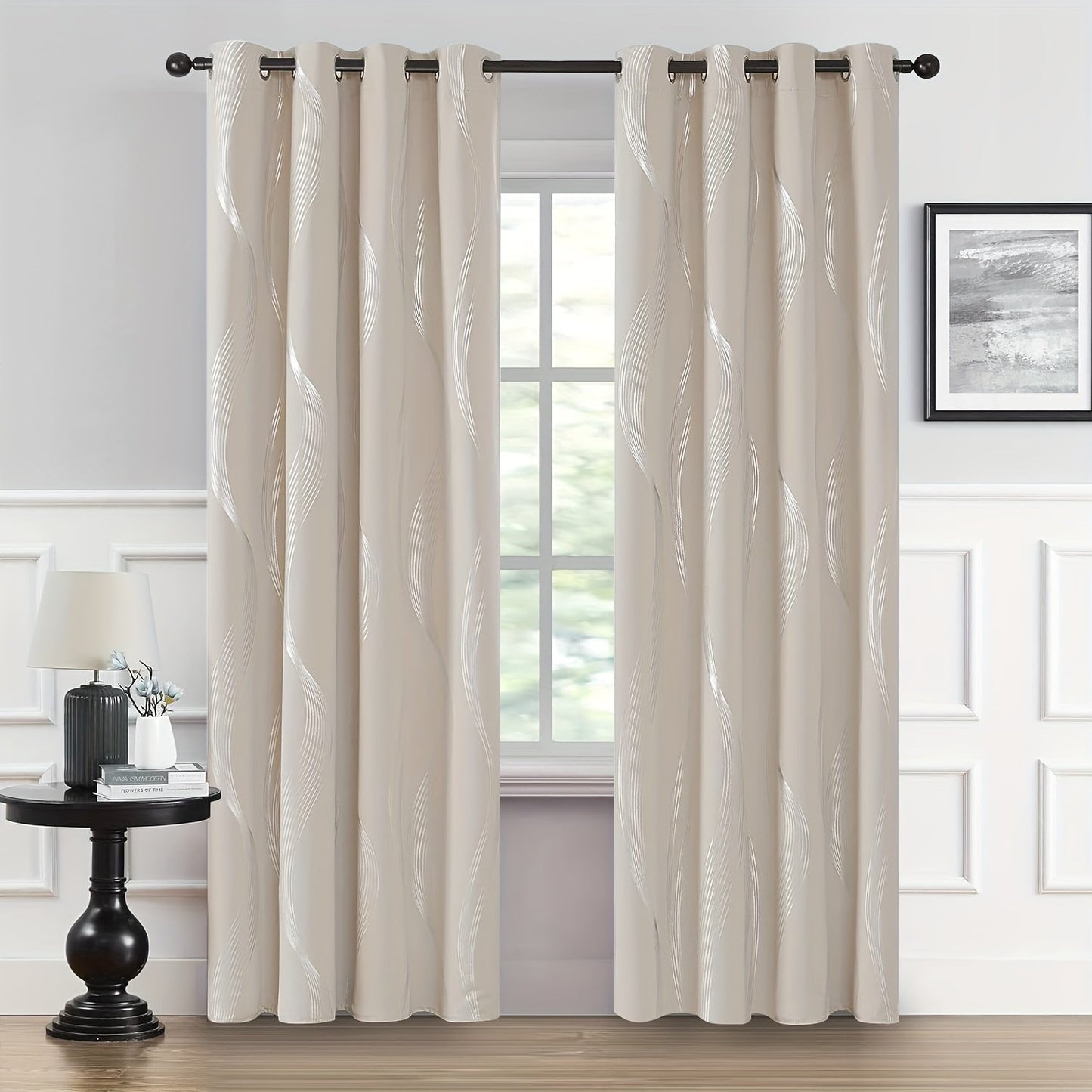 Two pieces of contemporary blackout curtains made from high-quality woven polyester, featuring a grommet top design for easy hanging. These room darkening drapes are machine washable and showcase a fantasy stripe pattern with eyelet detailing. Suitable