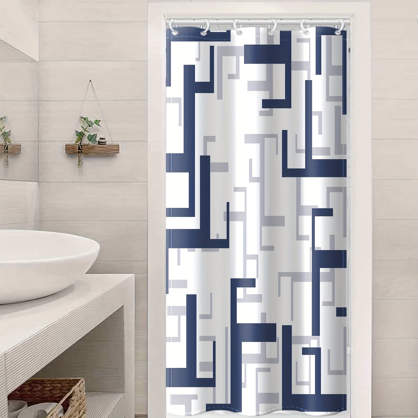 Blue geometric shower curtain with hooks, waterproof and machine washable, ideal for windows and bathroom decor.