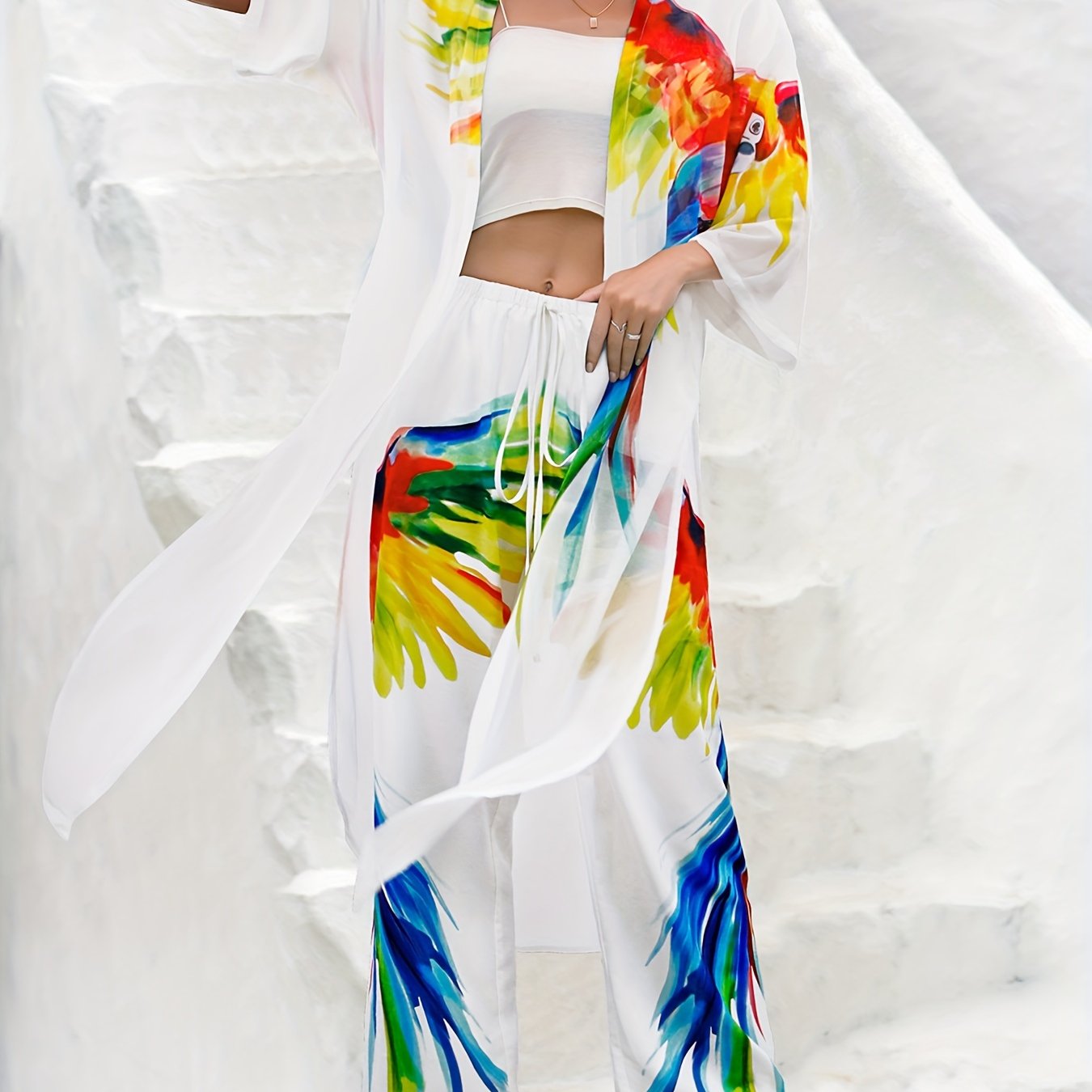 Parrot Print Vacay 2 Piece Swimsuits for Women, includes Long Sleeve Cover Up Kimono and Loose Fit Cover Up Pant.