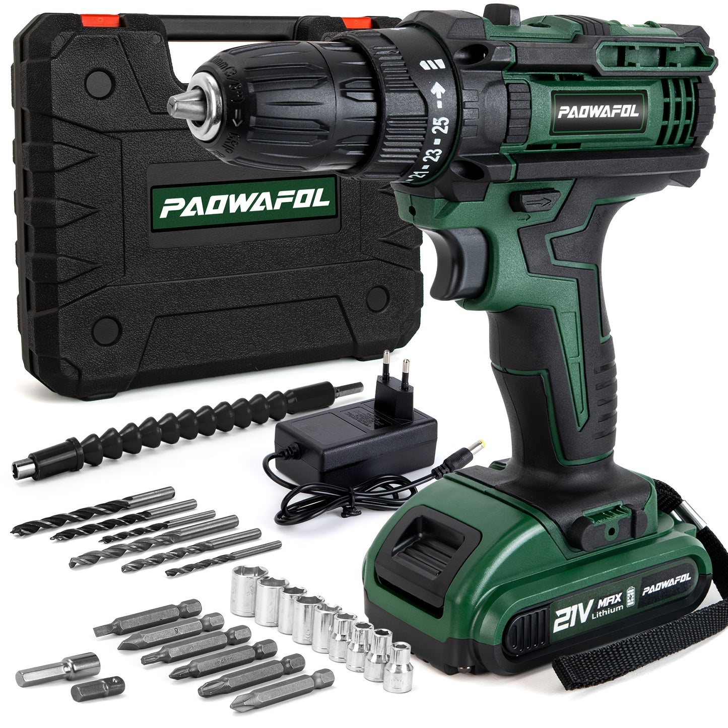 21V Cordless Drill with rechargeable battery, 2 speed settings, 25+1 torque, 24 accessories, LED light, for DIY, home, and garden use.