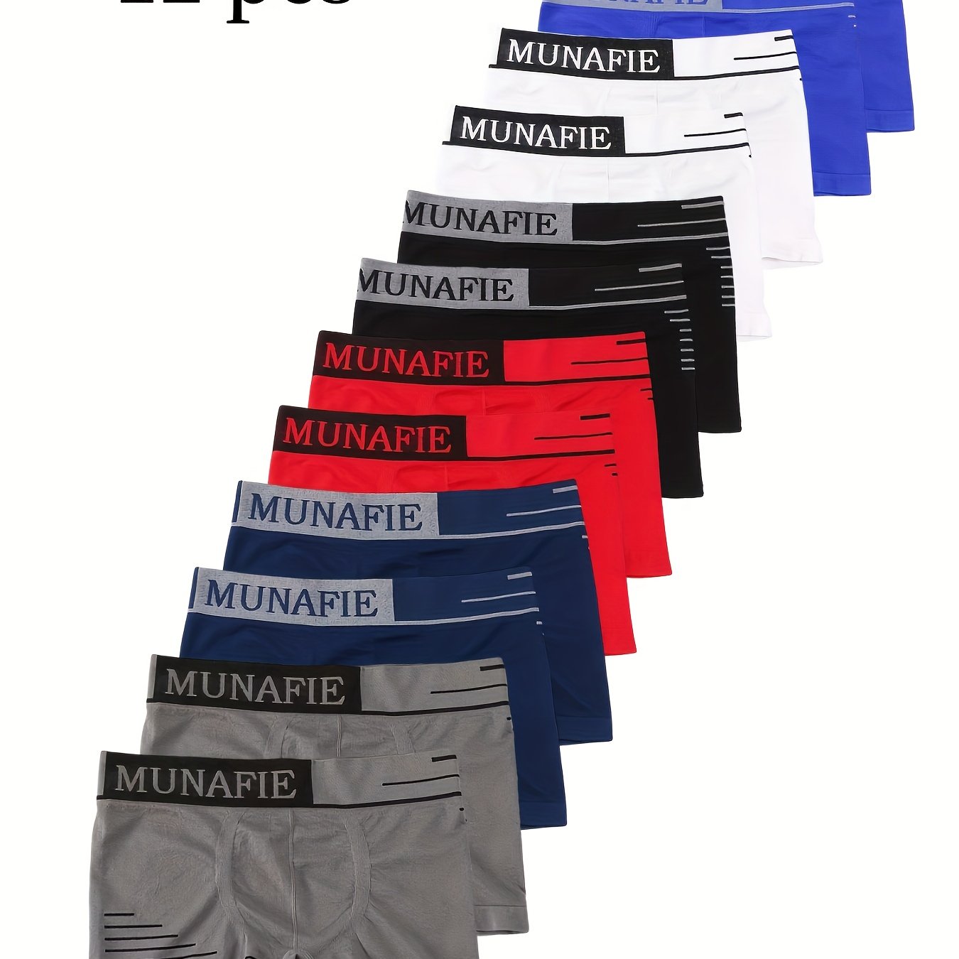 12pcs Men's Seamless Boxer Briefs in red, black, blue, and white with "MUNAFIE" print. Sizes S & M available. Breathable, quick-dry, stretchy fabric for everyday comfort.