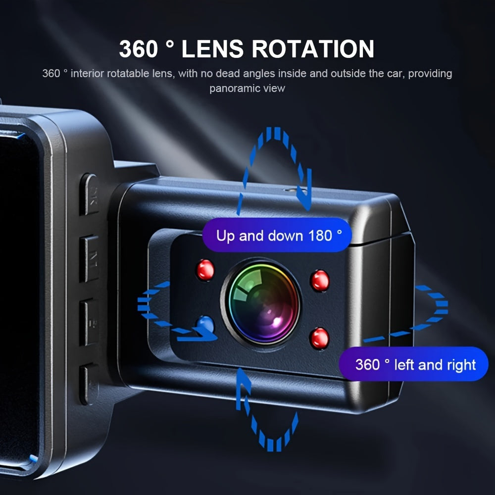 Car dash cam with dual lens recording, 360-degree rotation, and parking surveillance