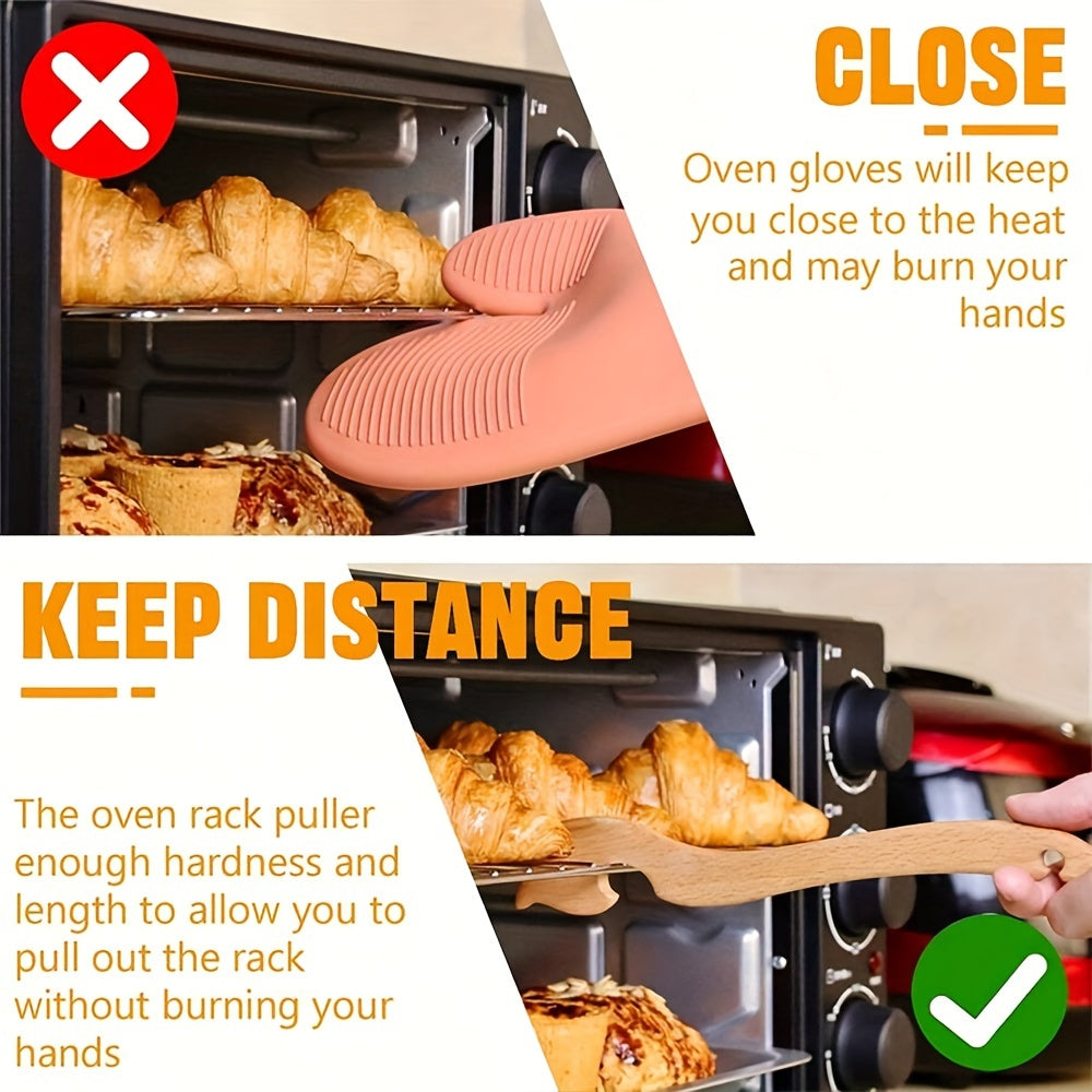 Long-handled wooden oven rack puller to safely handle hot oven racks, toaster, air fryer, and more without the risk of burns. Easily remove hot racks from the oven or bread machine with this kitchen tool.