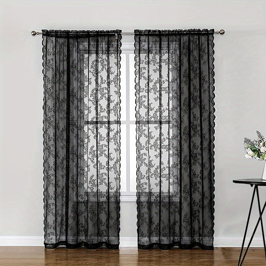 Vintage black lace curtain featuring a delicate floral pattern. Made of light-filtering, wrinkle-resistant polyester with a rod pocket design, perfect for living room or doorway decor.