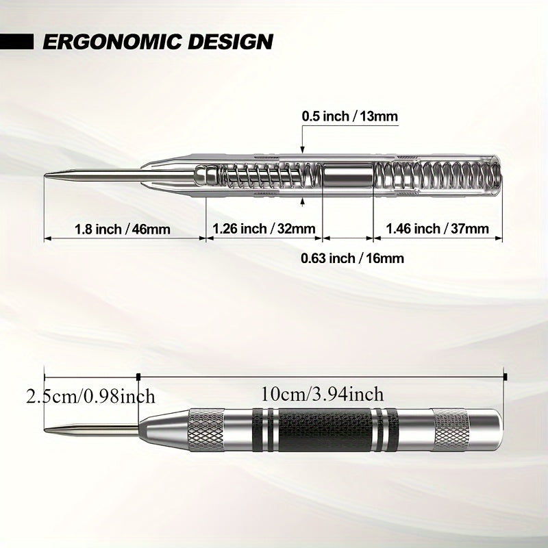 Heavy duty automatic center punch with 2 extra bits, adjustable tension, and rustproof polished steel construction. Suitable for metal, wood, glass, and ferrous materials.