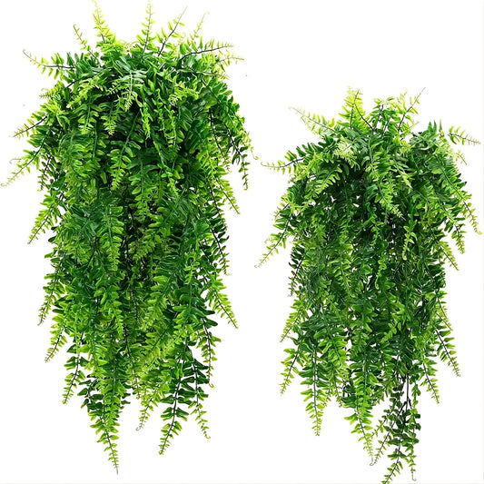 2pcs Premium artificial fern and rattan hanging plants with UV resistant plastic for outdoor and indoor decoration such as weddings, rooms, and gardens.