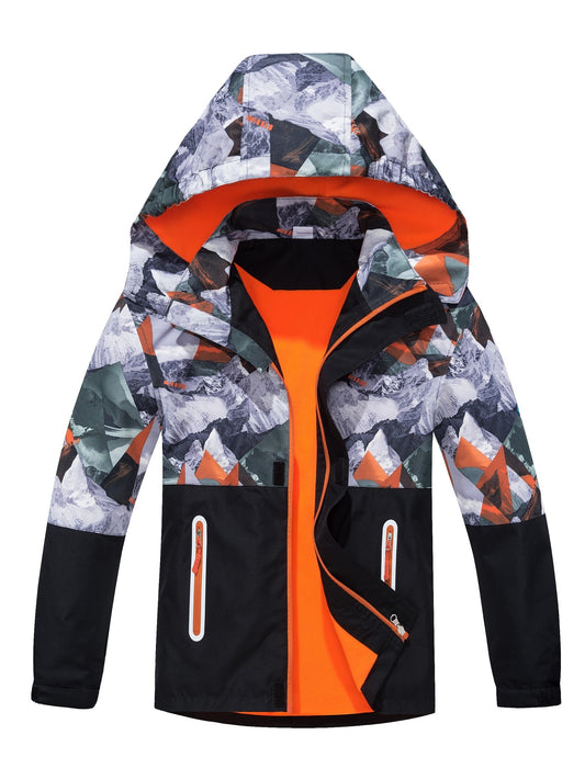 Kids' camouflage rain jacket with removable hood, lightweight and fleece-lined.