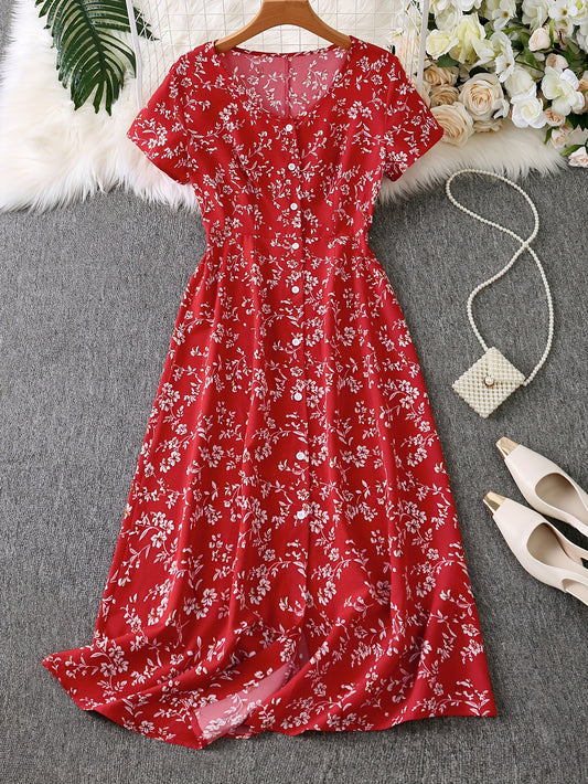 Stylish floral print button-up dress for women.