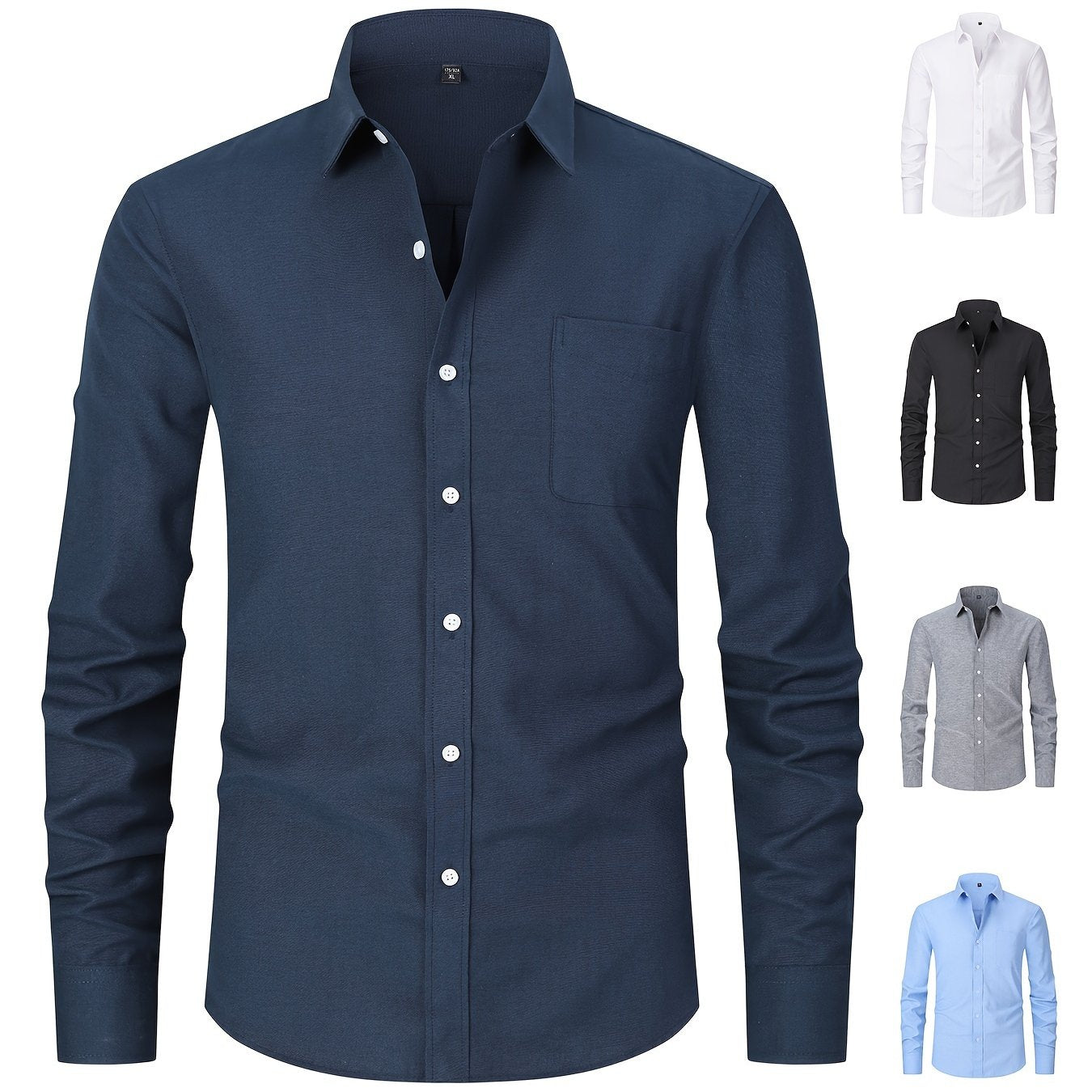 Men's loose fit cotton blend oxford dress shirt with long sleeves, single-breasted placket, mature lapel collar, solid color, and front pocket detail, perfect for spring and fall seasons.