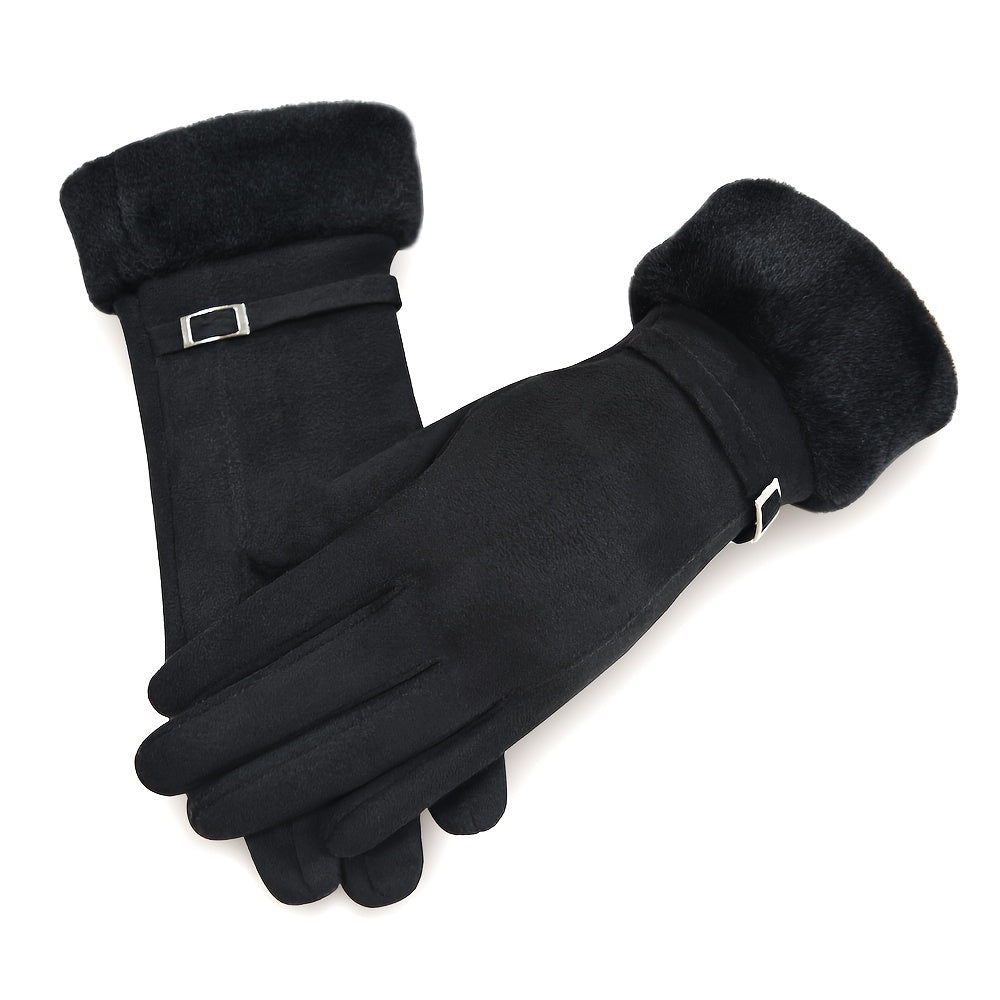 Winter gloves for women that are touchscreen-compatible, made of warm suede with plush lining, featuring an elastic fit and available in multiple colors.