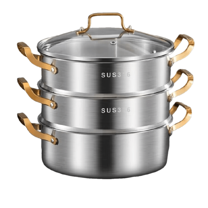 One Stainless Steel Pot Set including a Multifunctional Steamer, Household Thickened Three-layer Soup Pot, Hot Pot, Integrated Steaming Cooking Pot, Kitchen Pot, and other Cooking Utensils.