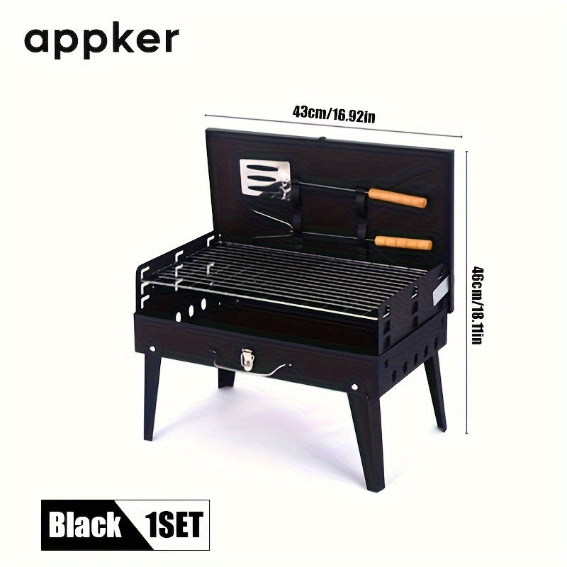 Appker Portable Charcoal BBQ Grill Set with foldable cast iron design, polished finish, windproof & dustproof lid, and includes BBQ tools.