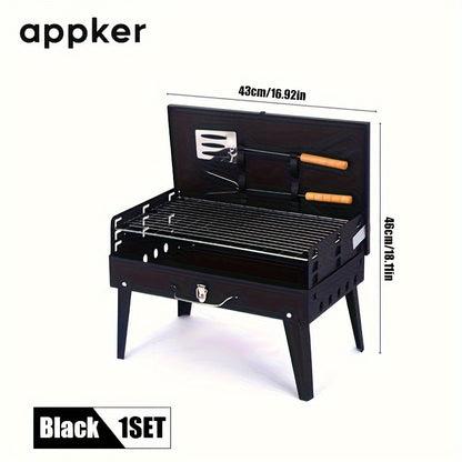 Appker Portable Charcoal BBQ Grill Set with foldable cast iron design, polished finish, windproof & dustproof lid, and includes BBQ tools.