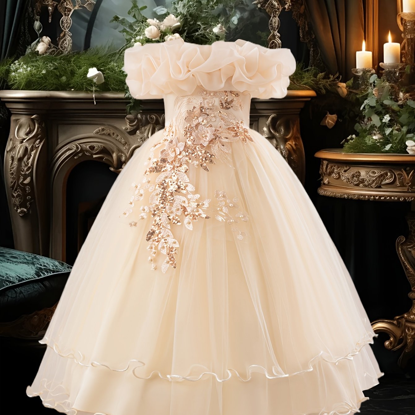 New girls' shoulder-baring princess gown with heavy work embroidery, pearl tassel detail, and floral clusters. Ideal for weddings, banquets, or parties.