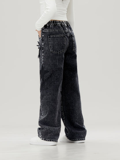 Youngsters' wide-leg denim jeans with star pattern, elastic waistband, comfort fit, machine washable. Perfect for everyday outings and comfortable playwear. Nonstretch denim.