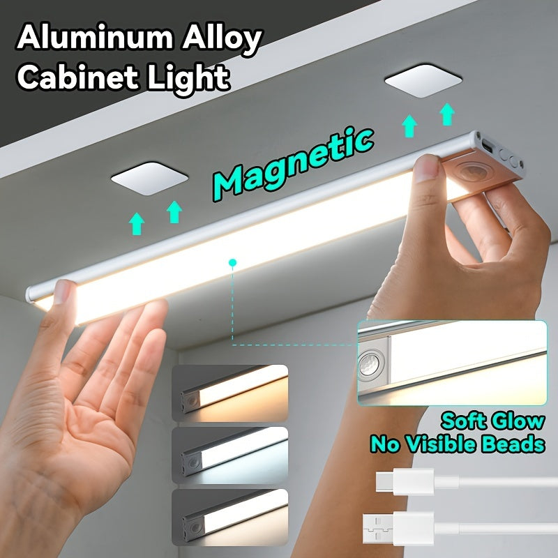 Adjustable brightness USB-rechargeable LED cabinet light with magnetic installation and built-in battery.