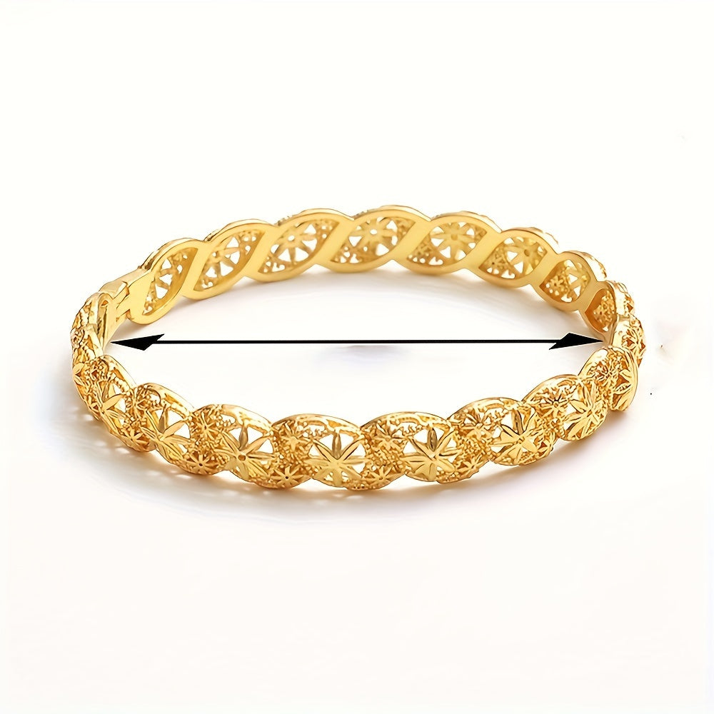 One pack of an elegant and sexy 24K golden plated hollow cuff bracelet with a classic octagonal flower design. Made of copper material, this bracelet is versatile for daily wear and special occasions.