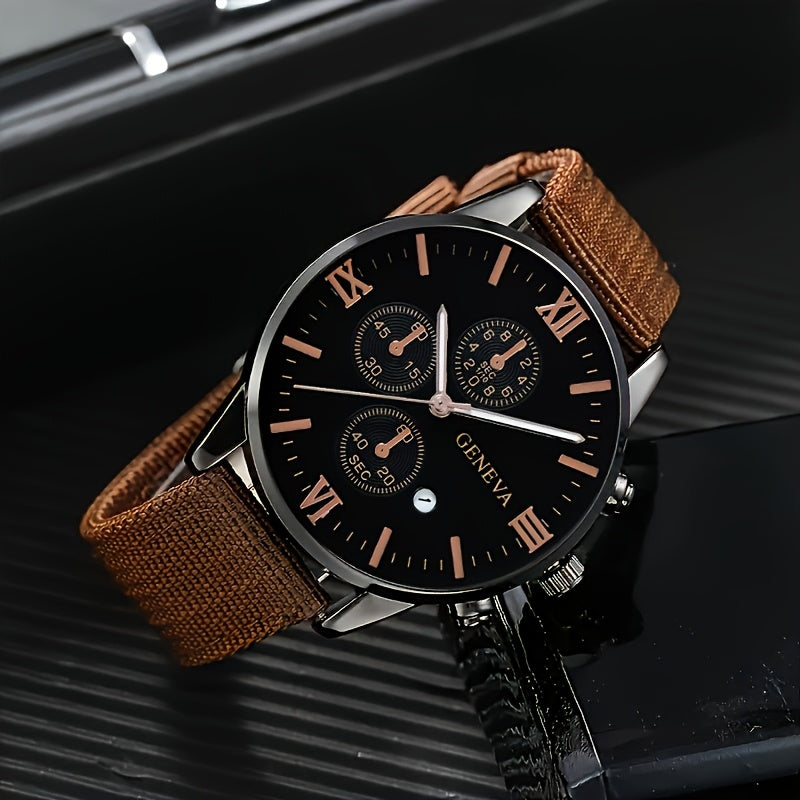 4pcs Men's Quartz Watch Set with brown faux leather strap, alloy case, calendar function, non-rechargeable battery, and matching bracelets. Ideal gift for men.