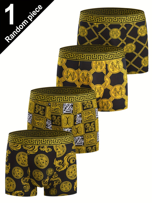 Breathable and soft men's black and golden boxer shorts with stylish design, elastic and comfortable for casual wear.