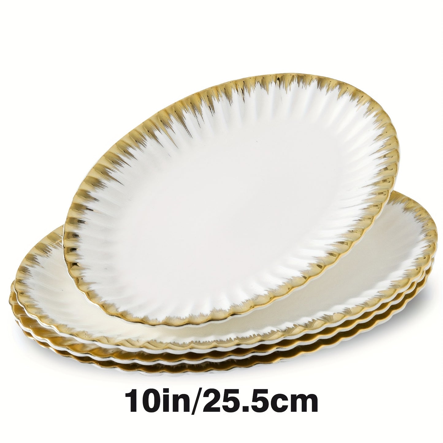 Set of 4 ceramic plates with golden rim, perfect for pasta, salads, and desserts. Dishwasher safe, ideal for home, dorms, and restaurants. Great housewarming gift.