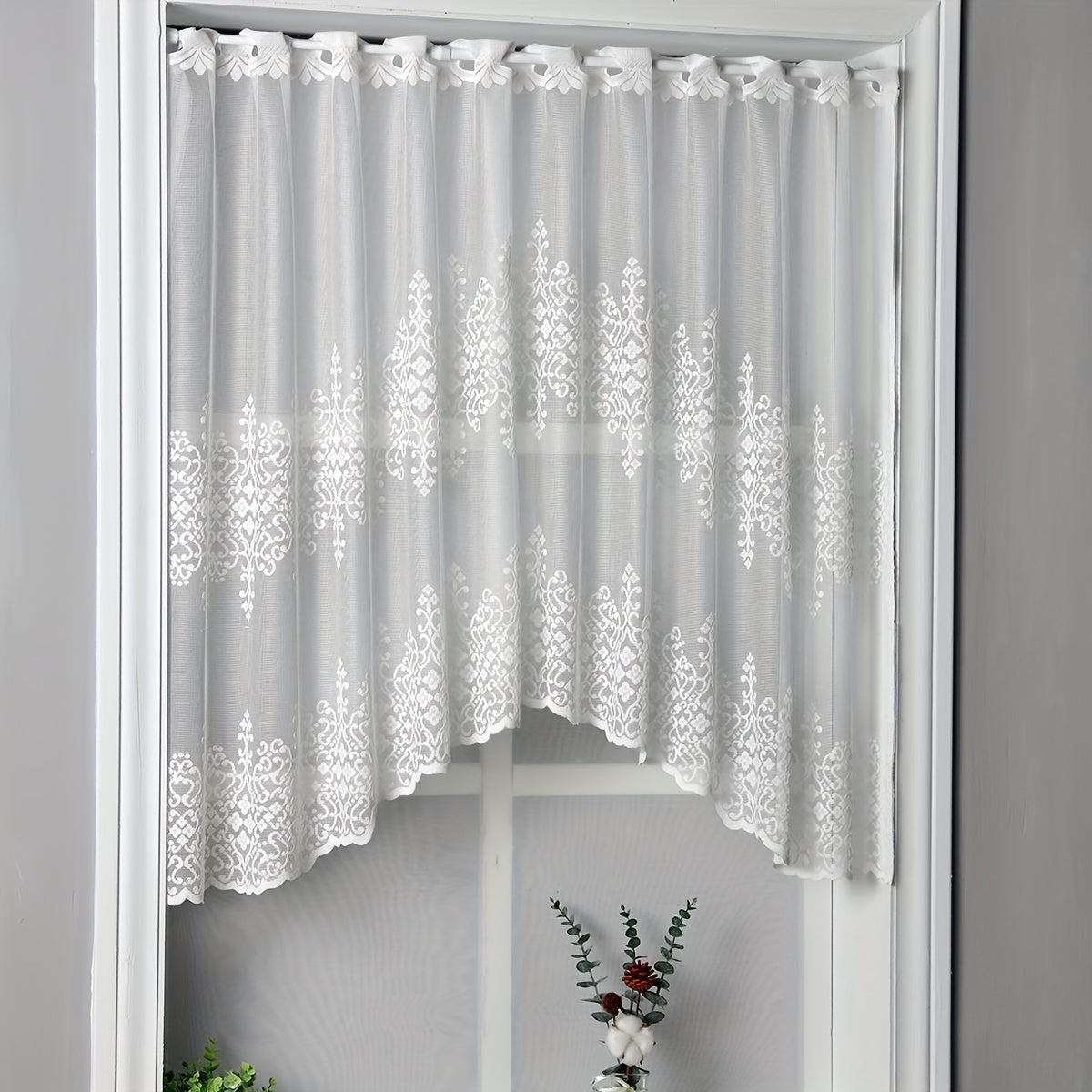 White lace cafe style curtains with geometric wavy pattern; suitable for living room, bedroom, kitchen, and home decor; comes in a set of 1 piece.