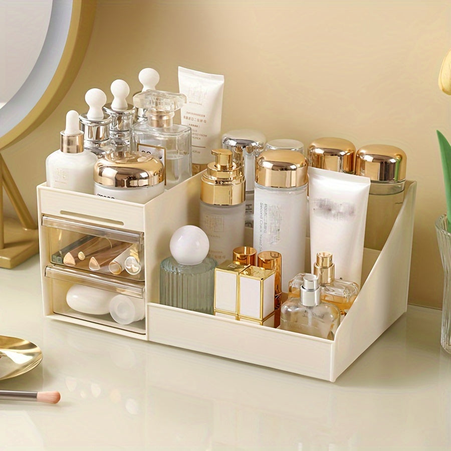 Clear acrylic makeup organizer with drawers for skincare, brushes, and accessories. Ideal for bathroom organization.