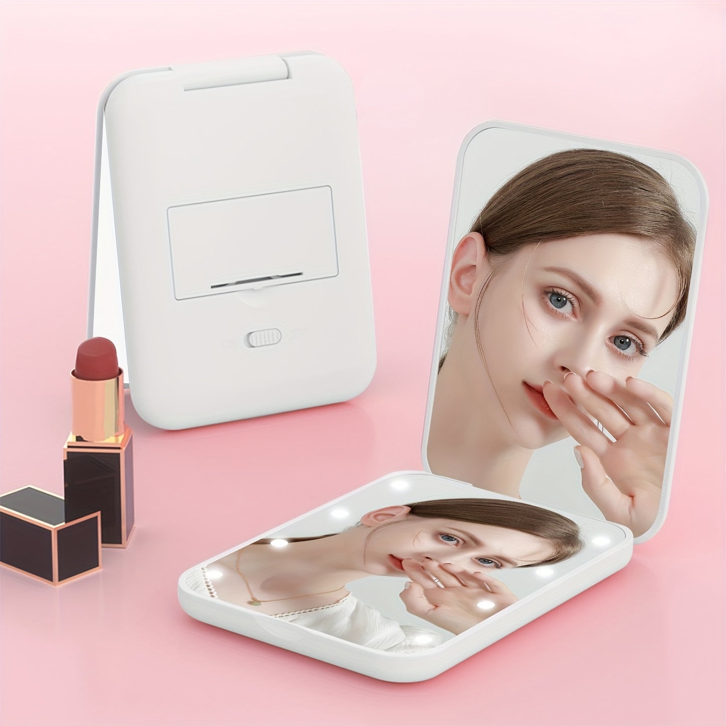 Travel-friendly LED makeup mirror with 1X/3X magnification, double-sided with lights, compact and portable for gifting.