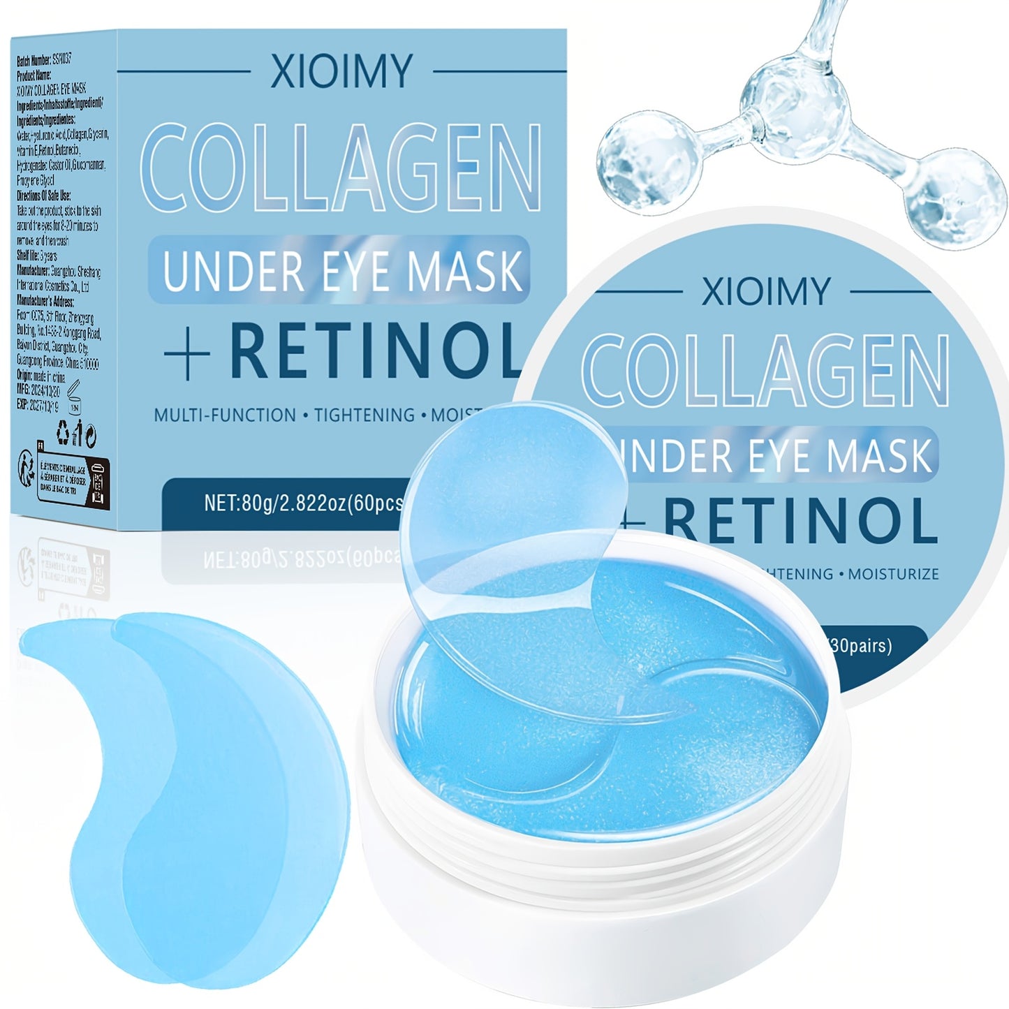 XIOIMY 60pcs Collagen & Retinol Eye Masks for deep hydration, firming, and all skin types, hypoallergenic formula.