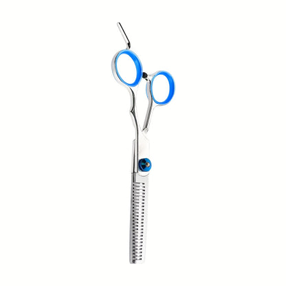 Pet grooming set includes blue trimming scissors, professional grooming scissors, curved scissors and combs, all made of stainless steel for dogs.