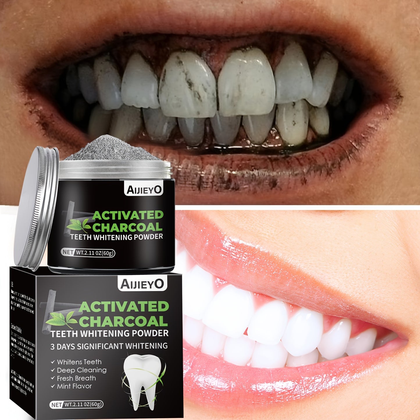 Charcoal teeth whitening powder with mint flavor freshens breath, brightens smile, and naturally whitens teeth and gums.